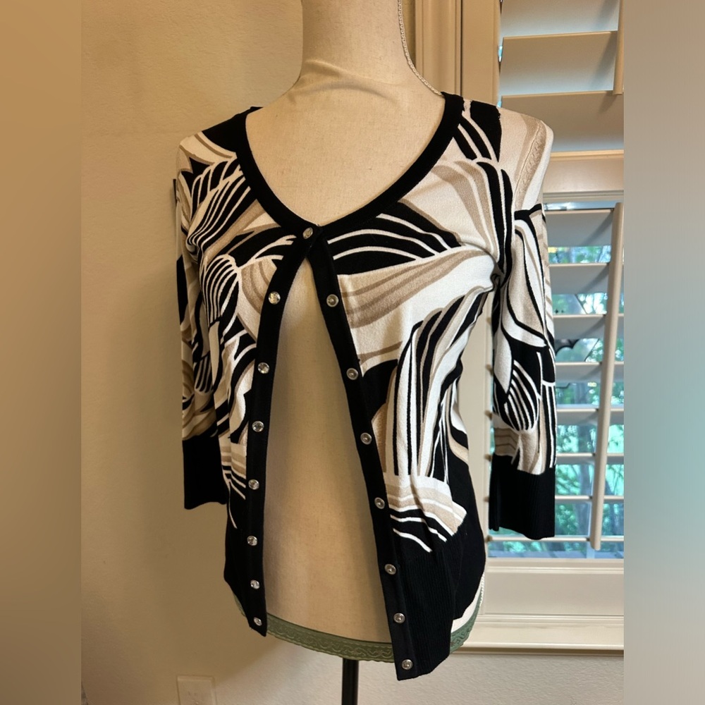 WHBM Cardigan Size XS Multicolor Abstract Lines Black White Tan 3/4 Sleeve